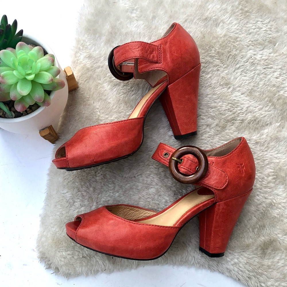 Frye | Red Leather Kelsey Peep Toe Strap heels 5.5
